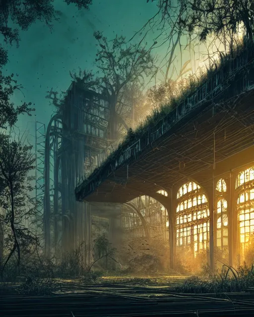 Image similar to a beautiful hyperdetailed rendering of nature abandoned swamp city unfinished building industrial architecture by louis sullivan, cosmic at dusk nightvision meadow dramatic lighting cyberpunk alien uv light flowers morning sun synthwave, archdaily, wallpaper, highly detailed, trending on artstation.