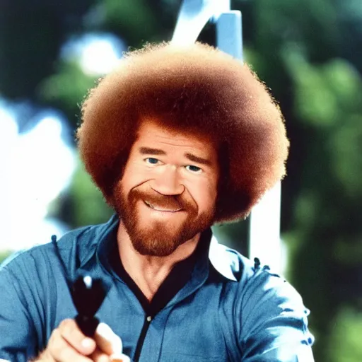 Image similar to Bob Ross showing off his nunchuck skills, action photography