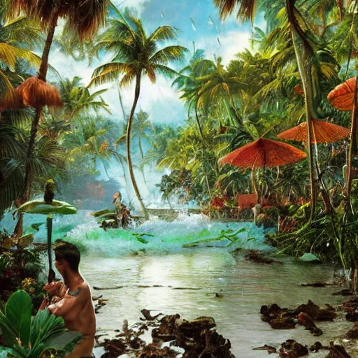 Prompt: tropical island, ornate, beautiful, atmosphere, vibe, mist, coconuts, rain, wet, pristine, puddles, melting, dripping, snow, creek, lush, ice, bridge, forest, roses, flowers, by stanley artgerm lau, greg rutkowski, thomas kindkade, alphonse mucha, loish, norman rockwell