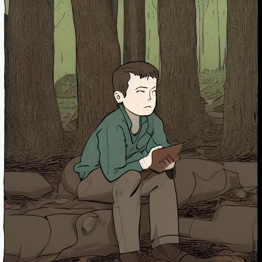 Prompt: highly detailed, boy in the woods by adrian tomine