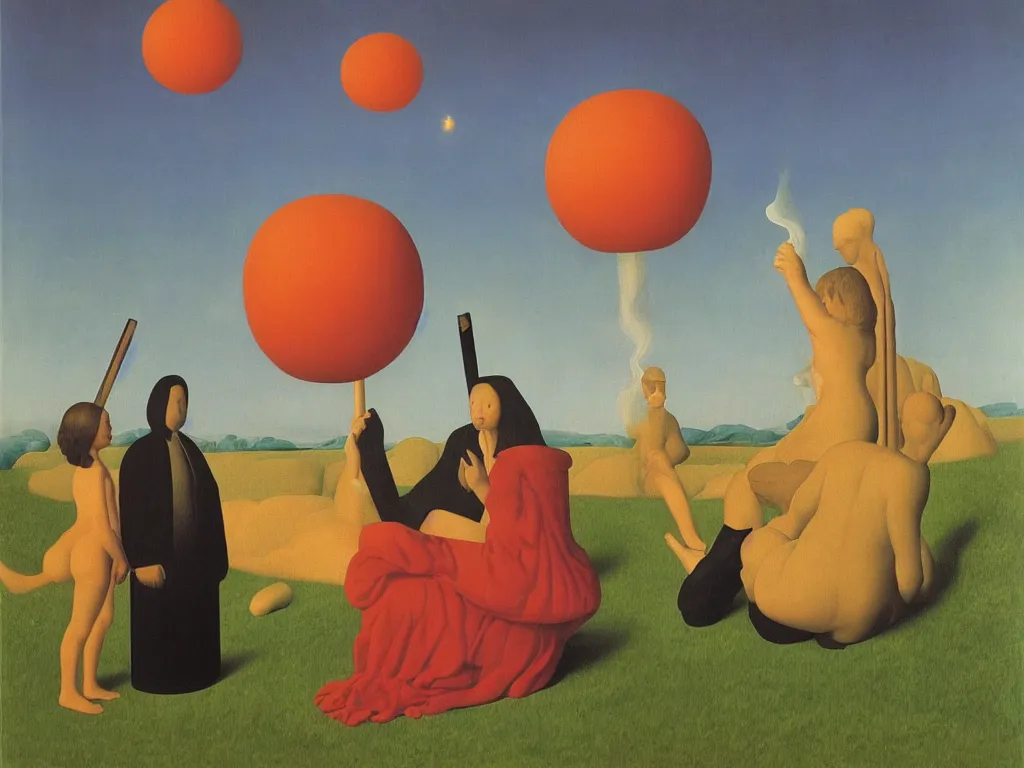 Image similar to cosmic lollipop with man and woman in meditation. painting by rene magritte, jan van eyck, max ernst, paul delvaux