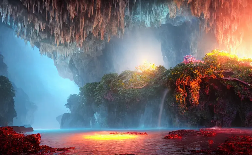 Prompt: a beautiful and stunning digital render of a humongous opal cave, dimly glowing crystals, vines, haze, waterfall, volumetric lighting, photorealistic, red sky, sunset, unreal engine 5, ultra detail, trending on artstation