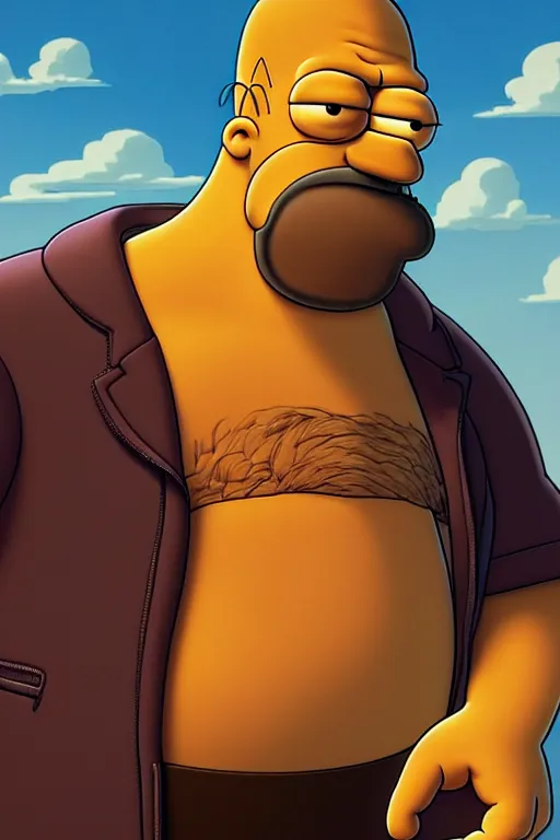 Prompt: clear portrait of homer from the simpsons, cottagecore!!, mafia background hyper detailed, character concept, full body, dynamic pose, intricate, criminal appearance, highly detailed, digital painting, artstation, concept art, smooth, sharp focus, illustration, art by artgerm and greg rutkowski and alphonse mucha