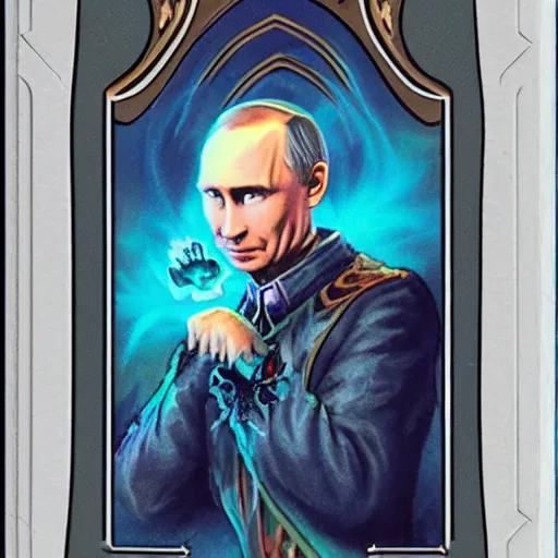 Image similar to a fully pictured magic the gathering card, depicting vladimir putin as a wizzard, 8 k