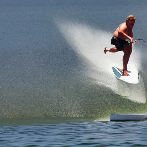 Prompt: huge ham leg surfing on a wakeboard