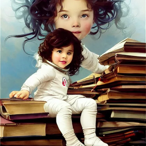 Image similar to a cute little girl with a mischievous face and short brown wavy curly hair sitting on top of a tall pile of books. she is dressed as an astronaut. well composed, clean elegant painting, beautiful detailed face. art by artgerm and greg rutkowski and ( alphonse mucha )