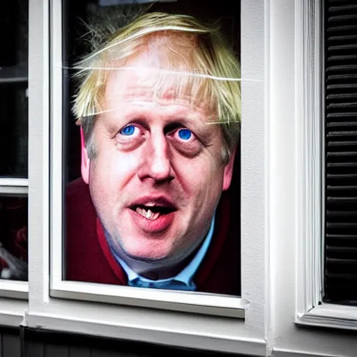 Prompt: window blinds in a house being pulled back to reveal a terrifying boris johnson with his face pressed against the window with his hand on the window and a horrifying grin. horror, black and white