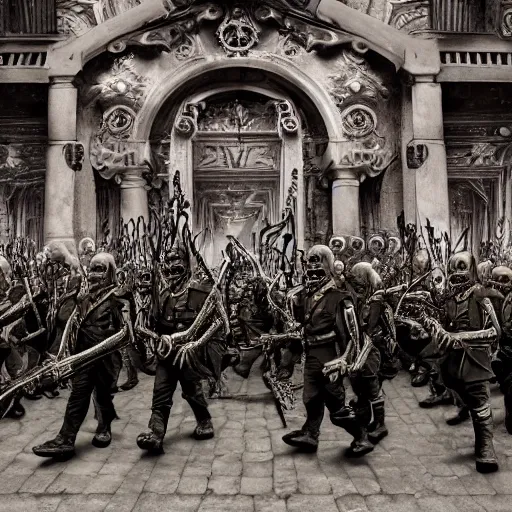 Prompt: nazi undead army marching to the tune of death metal, rock and roll singer in the background, heavy metal logo, intricate, ornate, hyper detailed, hyper realistic, octane render, unreal engine, chiaroscuro, volumetric lighting, 8 k, high quality, high resolution, by annie leibovitz