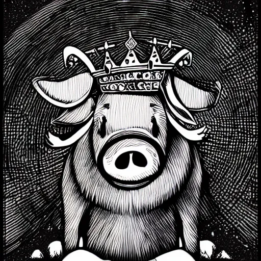 Prompt: grunge cartoon sketch of a pig in a crown by beeple , loony toons style, horror themed, detailed, elegant, intricate, line art, white background