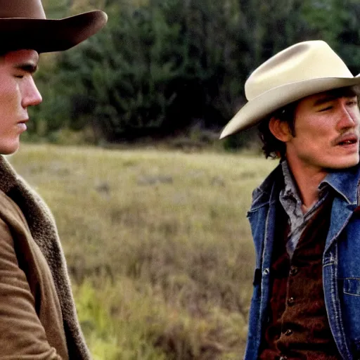 Image similar to a romantic scene from brokeback mountain starring josh hartnett as ennis del mar and heath ledger as jack twist