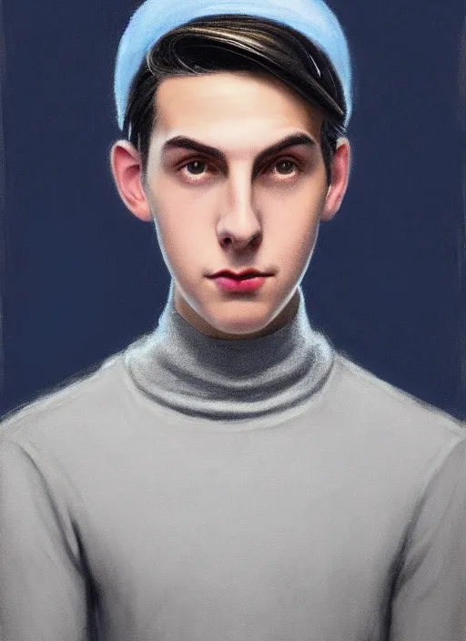 Image similar to portrait of teenage jughead jones wearing a light grey crown, crown, blue turtleneck, 1 9 5 0 s, closed eyes, photorealistic, black hair, glowing lighting, intricate, elegant, glowing lights, highly detailed, digital painting, artstation, concept art, smooth, sharp focus, illustration, art by wlop, mars ravelo and greg rutkowski