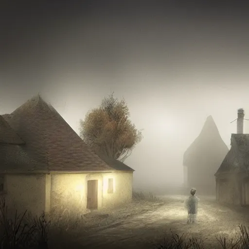 Prompt: Village, horror, fog, foster, highly detailed, one house, fear, hyper realistic, atmospheric lighting