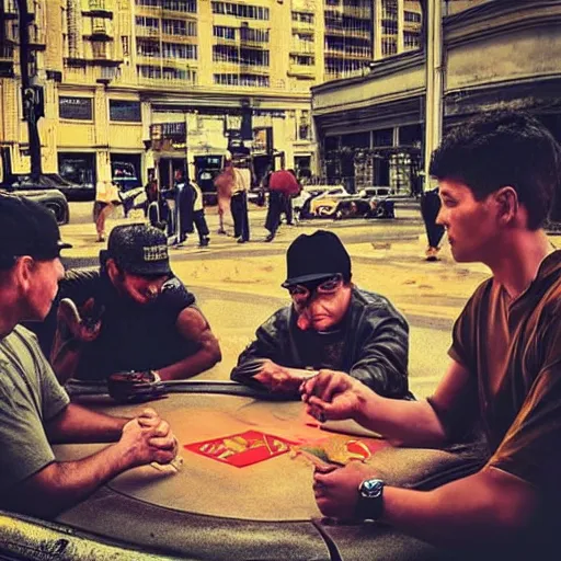 Prompt: with my homies playin street gambling, extremely human detailed, brutal human detailed!!!, hdr human detailed, photo hyper realistic, the best photograph of august, pinterest render, vogue render