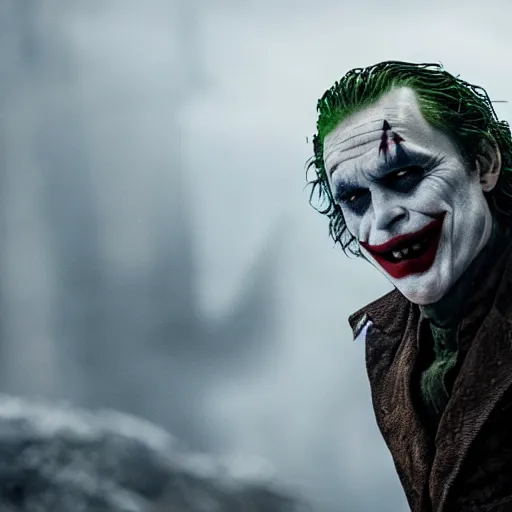 Image similar to the joker in game of thrones, 4 k, epic, cinematic, focus, movie still, serious, extreme detail, atmospheric, dark colour