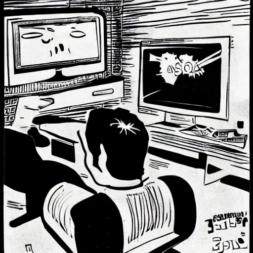 Prompt: ink comic drawing of a subgenius watching an alien on tv in the 1 9 5 0 s smoke sparks lighting