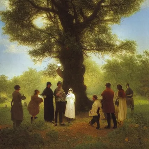 Prompt: Experimental art. a group of people gathered around a large tree in a forest. The tree is surrounded by a bright light, and the people appear to be looking up at it in wonder. pear, cream by Eastman Johnson forbidding, atmospheric