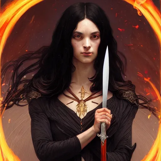 Image similar to portrait, woman with black hair called the lady of ash wielding a sword, elegant, digital illustration, fire magic, detailed, intricate, sharp focus, digital painting, deep focus, digital painting, artstation, concept art, matte, art by artgerm and greg rutkowski and alphonse mucha