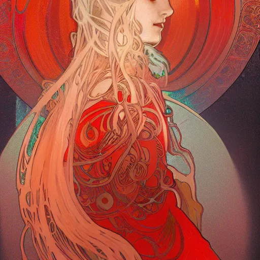 Image similar to artwork of a magical woman, intricated, ghost, gradient orange and red, cloudy, by alphonse mucha , perfect head shape, artstation, deviantart, 4k, unreal engine, smooth