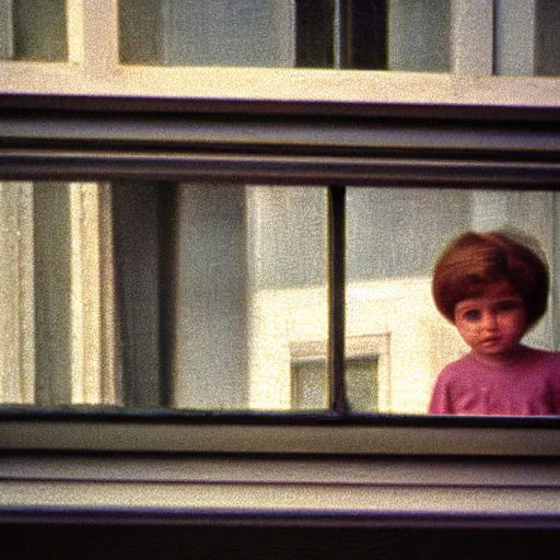 Image similar to Zoomed cropped closeup of unexpected voyeuristic eye contact with neighbor in window, Technicolor, telephoto lens, vintage photograph