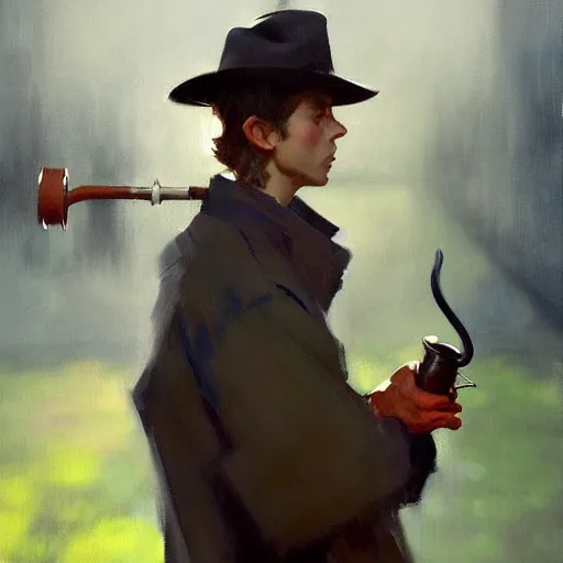 Prompt: greg manchess portrait painting of snufkin smoking a pipe, medium shot, asymmetrical, profile picture, organic painting, rainy day, matte painting, bold shapes, hard edges, street art, trending on artstation, by huang guangjian and gil elvgren and sachin teng