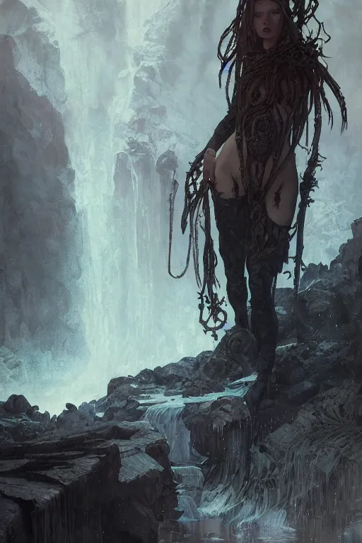 Prompt: a full body portrait of a beautiful post apocalyptic offworld nordic necromancer swimming by the waterfalls, intricate, elegant, highly detailed, digital painting, artstation, concept art, smooth, sharp focus, illustration, art by krenz cushart and artem demura and alphonse mucha