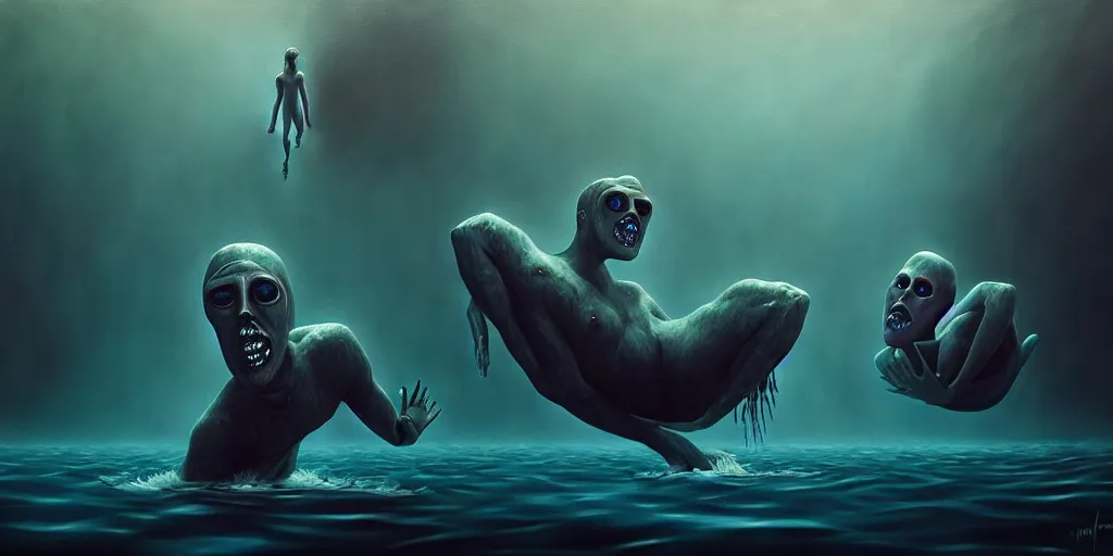 Image similar to uncanny personified emotion monsters swim towards the surface, dramatic lighting, attempting to escape to the surface and start a revolution, in a dark surreal painting by ronny khalil