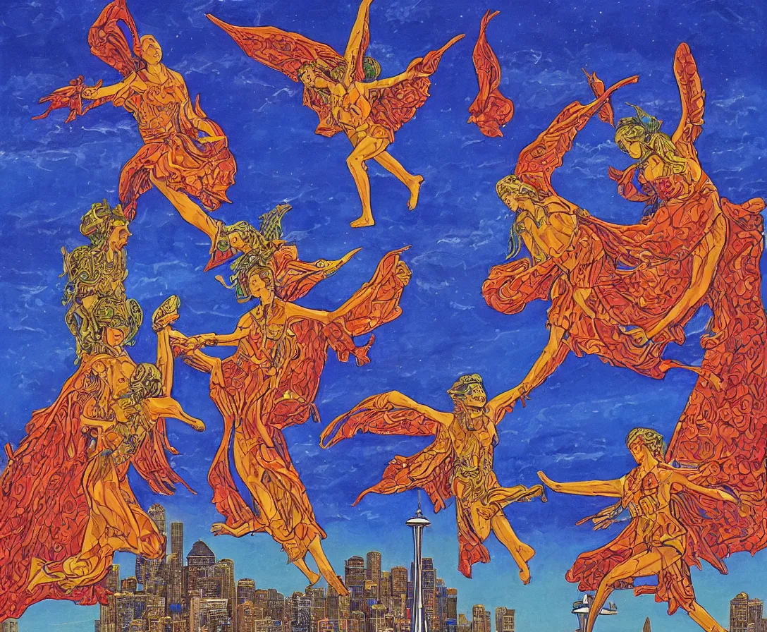 Prompt: two sacred angels fighting in the skies of seattle, gouache, stylised, by mati klarwein and moebius