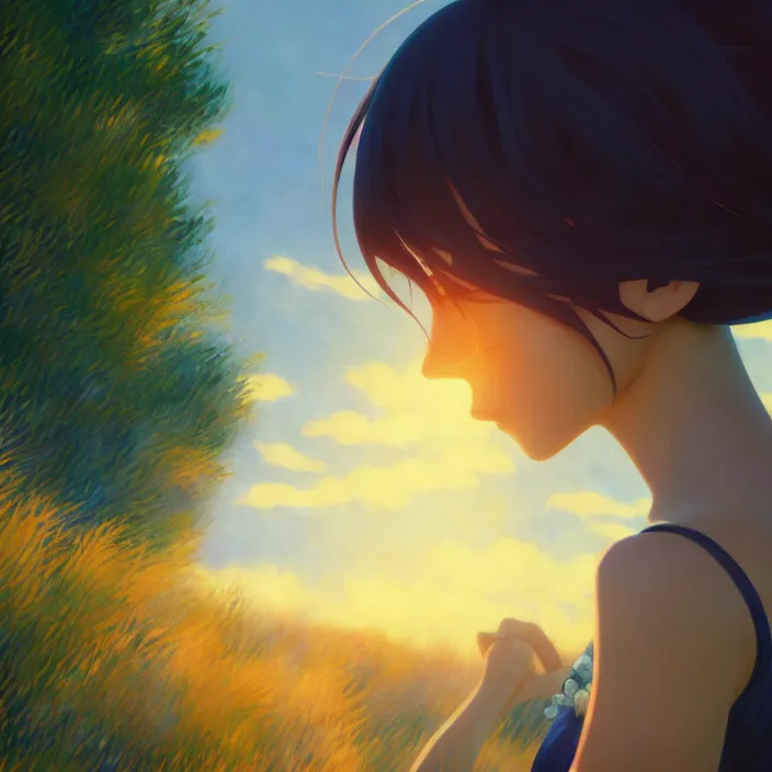 Image similar to an epic makoto shinkai and renoir landscape of a woman's hair - waterfall, golden hour, ultra smooth, lois van baarle, ilya kuvshinov, unreal engine, blender, trending on artstation, suntur, caleb worcester, highly detailed, photorealism, bloom effect 8 k