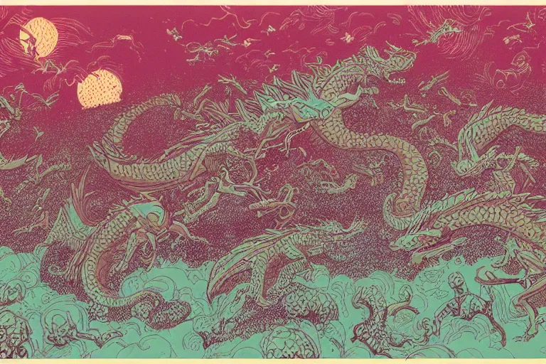 Prompt: a swarm of dragons, risograph, retro fantasy style, victo ngai, moebius, studio ghibli