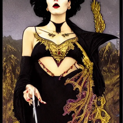 Image similar to an extremely detailed matte painting of a vampire queen in a resplendent black dress with gold and crimson trim and a long leg slit, in the style of magic the gathering, 8 k, sharp focus, detailed face, art by john collier and albert aublet and krenz cushart and artem demura and alphonse mucha