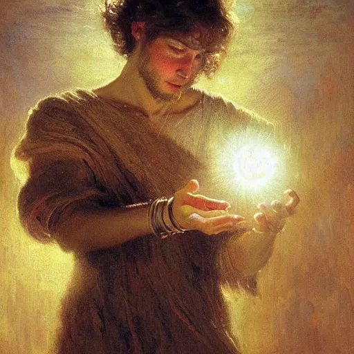 Image similar to a handsome slender young man with wavy brown hair summons a ball of light into his hand. dramatic. cinematic. holy. saintly. demigod. lord of light. gaston bussiere. geoffroy thoorens