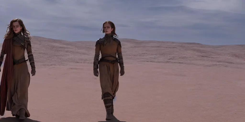 Image similar to Movie Still of Emma Watson in Dune (2021), landscape, endless sea of desert, 4k, cinematic