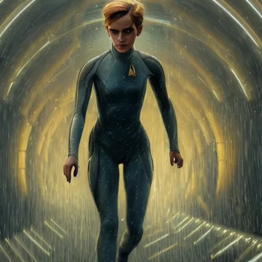 Prompt: a highly detailed matte portrait of emma watson dressed as seven of nine running through a thunderstorm, scifi by star trek, unreal engine, volumetric lighting, exquisite detail, 8 k, art by greg rutkowski and alphonse mucha