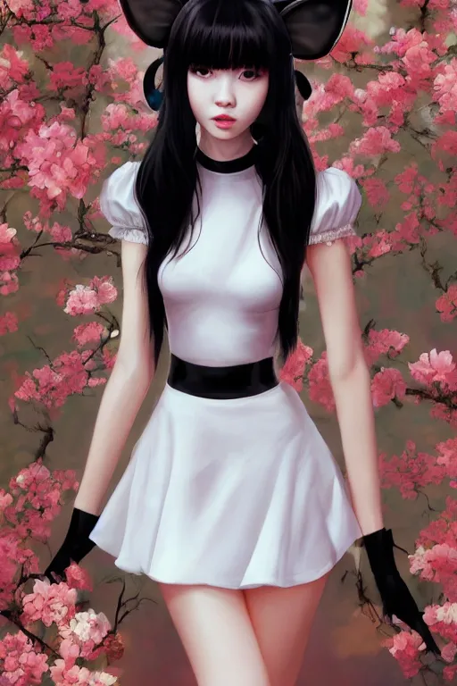 Image similar to realistic detailed semirealism beautiful gorgeous cute Blackpink Lalisa Manoban wearing white wet silky dress, black hair black cat ears, black leather choker, proportional body, WLOP, Aztodio, Taejune Kim, sakimichan, ArtGerm, Pixiv, Instagram, Artstation