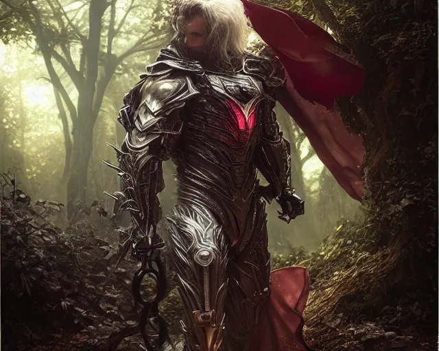 Image similar to 5 5 mm portrait photo of an armored demonic superman in a magical forest. magical atmosphere. art by greg rutkowski and luis royo. highly detailed 8 k. intricate. lifelike. soft light. nikon d 8 5 0.