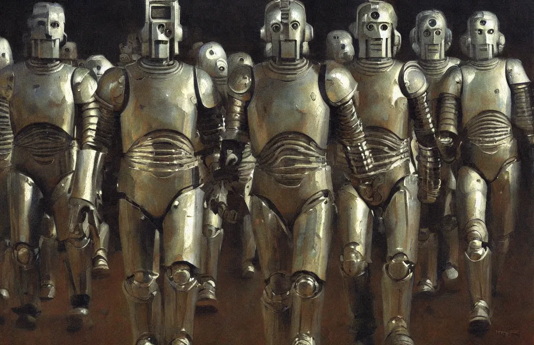 Prompt: marching of the cybermen, detailed painting, dark lighting, by ilya repin, phil hale and kent williams