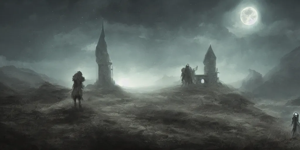 Image similar to old mage traveling a barren landscape with his companion towards a distant castle, dramatic moonlight, apocalyptic fantasy, mmo, digital art, 4 k