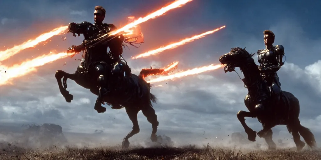 Prompt: a promotional movie still from terminator ( t 2 ) depicting the battle of the little bighorn. majestic horses, action scene, an epic fantasy, dramatic lighting, cinematic, extremely high detail, photorealistic, cinematic lighting, artgem, trending on artstation, cgsociety, rendered in unreal engine, 4 k, hq, digital art