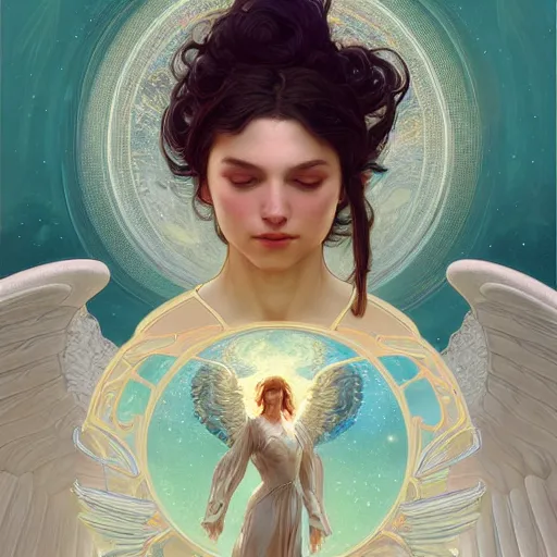 Image similar to a female angel floating in cosmos, intricate, highly detailed, digital painting, artstation, concept art, smooth, sharp focus, illustration, unreal engine 5, 8 k, art by artgerm and greg rutkowski and alphonse mucha