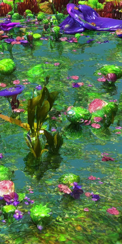 Image similar to alien flowers on a groovy biome warner bros, smooth, cinematic, wet reflections, ray tracing x, rtx, smooth