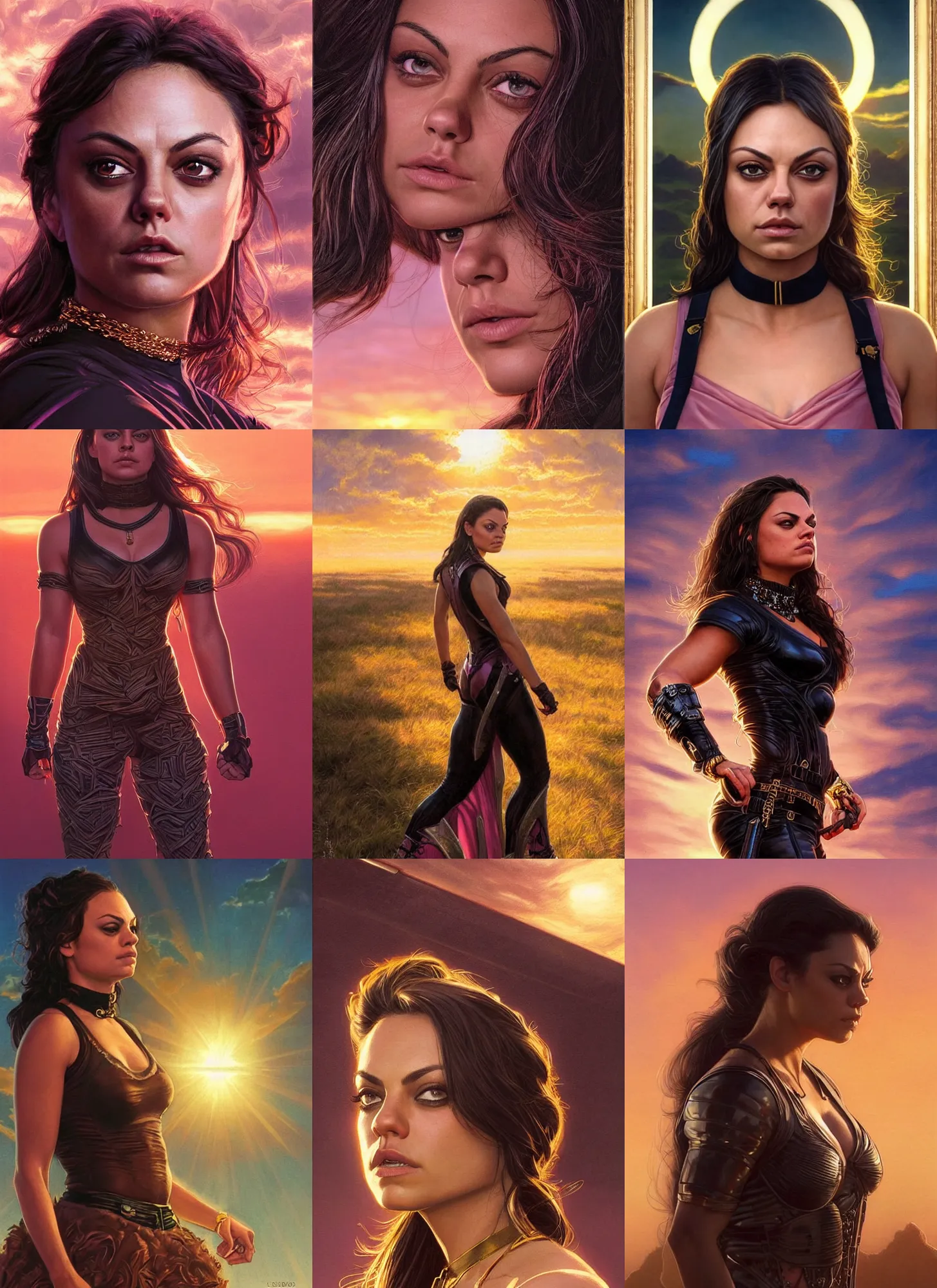 Image similar to epic portrait of Mila Kunis wearing black choker, a very strong muscled Amazon heroine, sun beams across sky, pink golden hour, intricate, elegance, highly detailed, shallow depth of field, epic vista, concept art, art by Artgerm and Donato Giancola, Joseph Christian Leyendecker