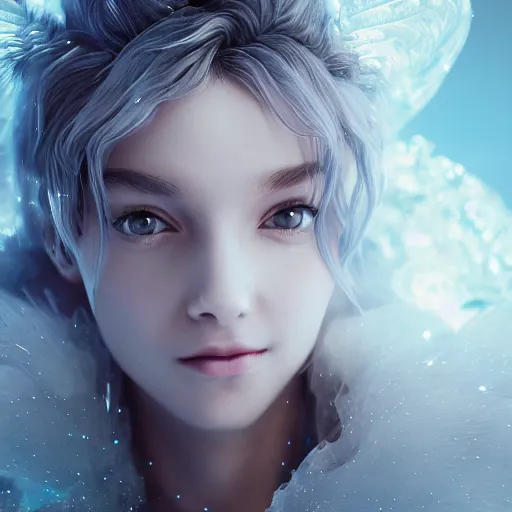 Prompt: portrait of a ice sprite, ice, dark, white glowing background lighting, hyper detailed, fairy tale, 4 k octane render