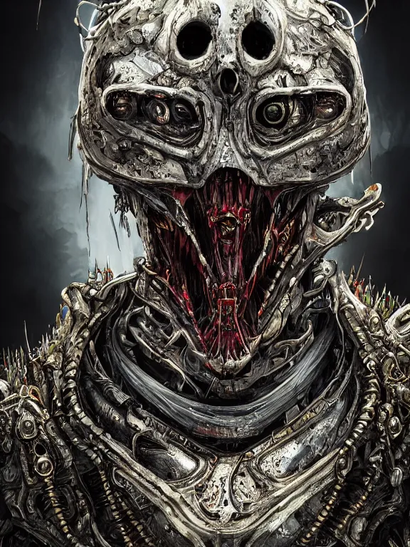 Prompt: portrait art of 8k ultra realistic undead alien, detailed intricate ornate armour,decaying, cybernetic, full of colour, cinematic lighting, battered, trending on artstation, 4k, hyperrealistic, focused, extreme details,unreal engine 5, cinematic, masterpiece, art by ayami kojima, giger