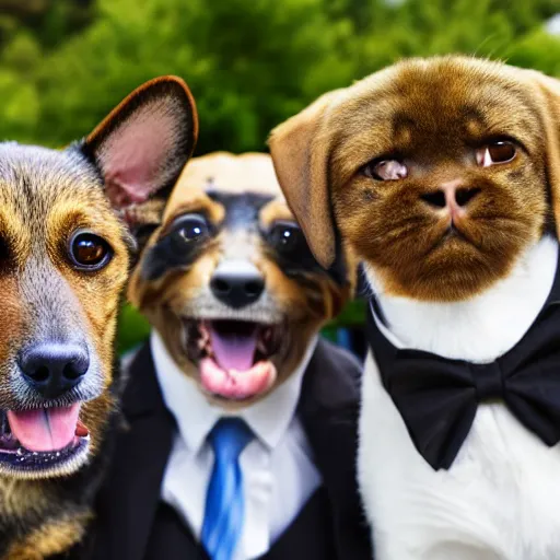 Prompt: Dog, cat and monkey in suits taking selfie.