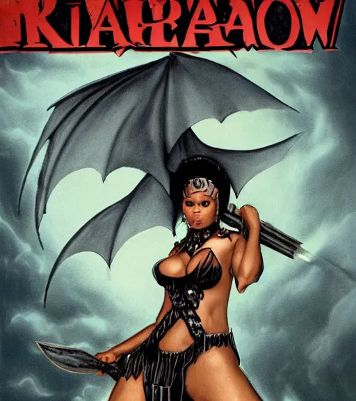 Prompt: 1 9 8 0 s fantasy novel book cover, nicki minaj in bikini armor wielding a cartoonishly large sword, exaggerated body features, dark and smoky background, menacing dragon within the shadows, low quality print