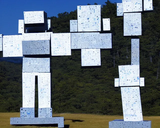 Prompt: photo of minimalist abstract cubist sculpture of blue hills with random white mecha mayan decorations, covered with few large white airplane parts