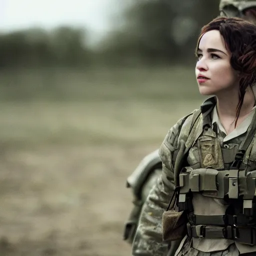 Image similar to a photograph of emilia clark as a female soldier, cinematic lightening, professional, pentax k 1 0 0 0, sharp focus