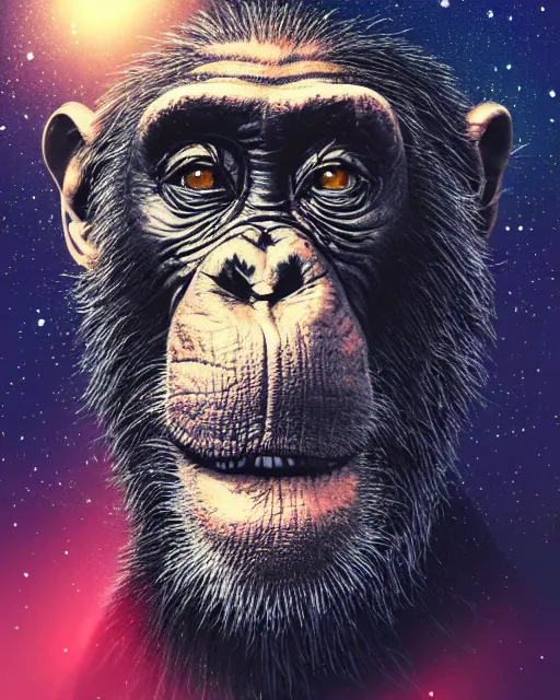 Image similar to very detailed high resolution illustration portrait of a chimpanzee head floating in space, backlit, night covered in stars, 3 d, 8 k, extremely detailed, artstation, furaffinity award winning, sharp focus, illustration, intimidating lighting
