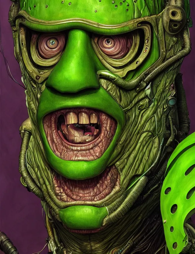 Prompt: a portrait of jim carrey as mask with green skin and mechanical gills, by moebius and tyler edlin and hr giger, trending on artstation, digital art, 4 k resolution, detailed, high quality, sharp focus, hq artwork, coherent, insane detail, concept art