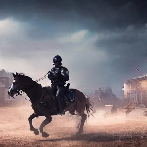 Prompt: police riding a militarized horse through an orwellian town, troops searching the area, action scene, an epic fantasy, dramatic lighting, cinematic, establishing shot, extremely high detail, photorealistic, cinematic lighting, artstation, octane render, by christopher nolan, horizon forbidden west